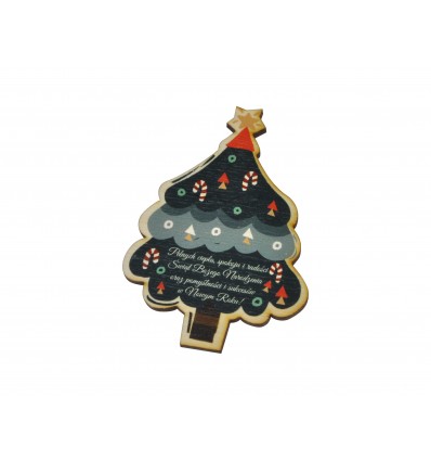 Upominek świąteczny z  życzeniami  - magnes choinka ze sklejki