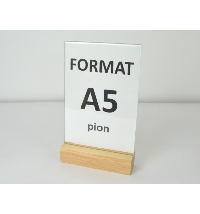 Stojak z plexi z drewnianą podstawką - format A5